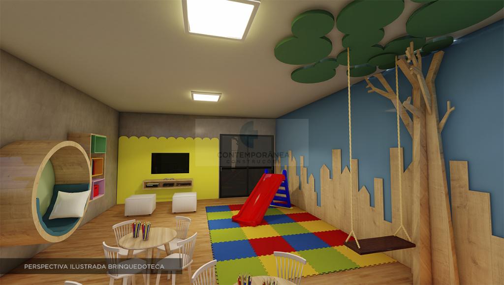 Perspectiva ilustrada da sala de jogos kids em 2023